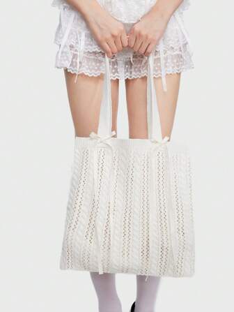 Kawaii Vintage Style Knitted Bowknot Tote Bag For Women, Large Capacity Beach Travel Handbag