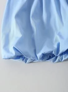 Girls Cute Sweet Round Neck Fitted Check Bow Short Sleeve T-Shirt And Short Solid Color Lantern Hem Skirt 2pcs Set - Blue - View 5