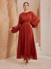 Graceveil Ruched Chiffon Flare Arabic Style Dress For Women - Red - View 3
