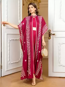 SHEIN Wine Red Women's Elegant Printed Long Dress With Long Jacket And Belt, 3-Piece Set,Modest - Burgundy - View 4