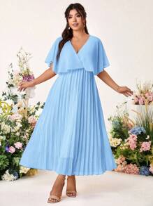 Cravure Plus Size Women Elegant Solid Chiffon Pleated Waist A-Line Midi Dress Wedding Day Wedding Guest