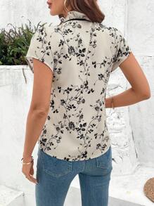 SHEIN Clasi Women's Elegant Ruffle Bowknot Floral Print Khaki Casual Short Sleeve Blouse, Spring/Summer - Khaki - View 2