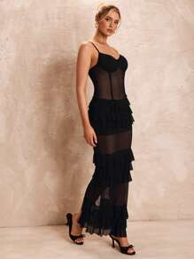 Glamine Vestido de gasa con empalmado de unicolor, volantes y transparencias - Vestido formal de mujer, vestido para fiesta, vestido de verano, vestido negro, vestido largo para mujer