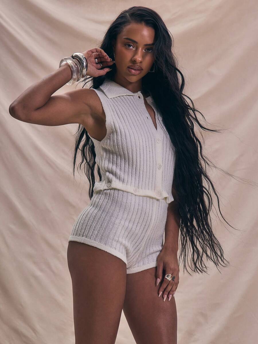 MUSERA 罗纹针织无袖腰部细节领口修身连体裤休闲夏季度假节日机场穿搭秋季约会之夜蓬松舒适纽扣细节热裤奶油色新娘单身派对婚礼告别单身派对春季婚礼派对复活节 - 白色 - 查看 1