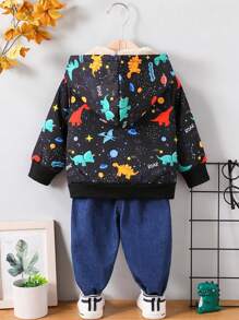 2 piezas/Set Ropa de invierno para bebés niños y niñas: Chaqueta de forro polar con estampado adorable, con pantalones de mezclilla largos a la moda, adecuado para viajes al aire libre - Negro - Ver 2