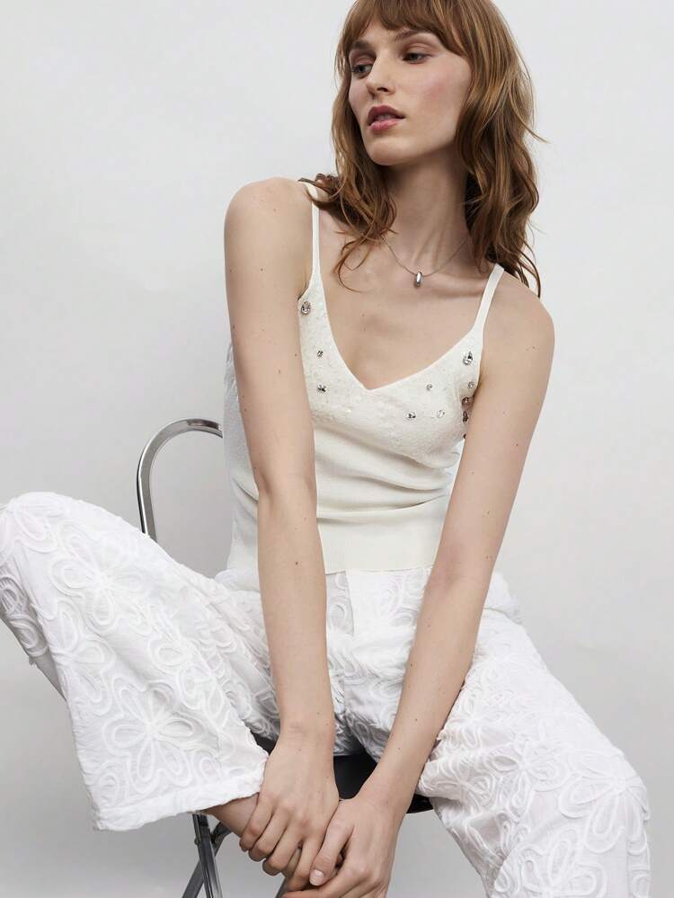 SHEIN Maija Women's White Summer Casual Elastic Waist Bohemian Vacation Pants, Solid Color Textural 3D Floral Fabric, Straight Cut Pants For Commuting