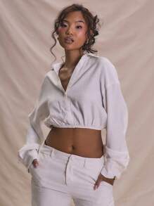 MUSERA Off-White Long Sleeve V Neck Button Up Oversized Cropped Shirt,Autumn Seksi Chic Vacation Elegant Soft Serve Beach Holiday Ibiza Back To School Fall - White - View 1