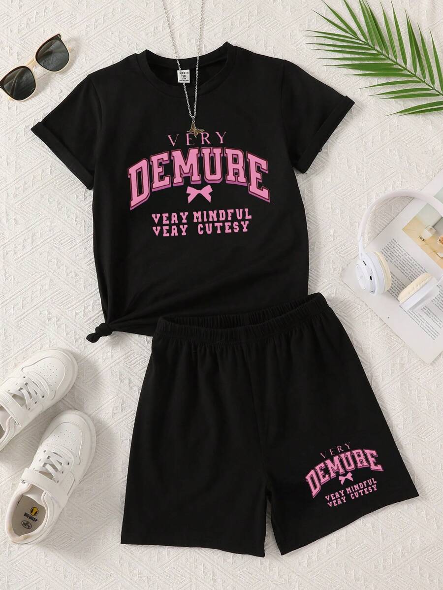 Young Girl Letter Print Crew Neck Short Sleeve T-Shirt And Shorts Casual 2 Pieces  Setteen Girls Outfit  Setsgraphic Tees School Clothes Back To School Clothes Puppy Keep Puppy Graphic Tees
