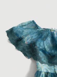 SHEIN MOD 蓝色底边 Bardot 领蕾丝拼布植物印花连衣裙 - 彩色 - 查看 3