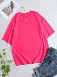 INAWLY Áo thun mùa hè cổ tròn tay ngắn in họa tiết cơ bản cỡ lớn - Màu Hồng Tươi - Xem 4