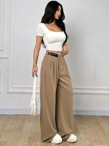 Comfortcana Women's Buckle Waist Pleated Wide Leg Casual Pants
