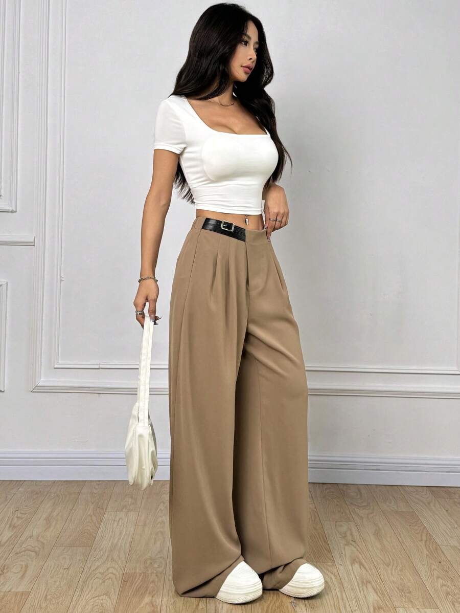 Comfortcana Women's Buckle Waist Pleated Wide Leg Casual Pants