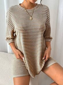 SHEIN Frenchy 2pcs Women Striped Contrast Color Textured Short Sleeve Top And Shorts Set,Summer Sets