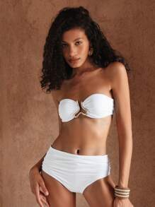 Swim Oasis 3pcs Women Solid Color Gold Accent Vacation Set: Bandeau Bikini Top, High Waist Bikini Bottoms, And Cut-Out Short Beach Dress, Boho Style Festival Swimwear For Summer - White - View 5