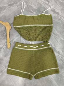 INAWLY Women's Contrast Color Sleeveless Hollow-Out Knit Top And Shorts Casual Suit - Multicolor - View 2