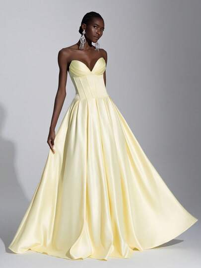 Elitara Vestido maxi elegante de color amarillo claro con escote sin tirantes y cintura ajustable con cordones, con un dobladillo ancho y voluminoso. Versátil para citas, vacaciones, fiestas, ocasiones formales. Vestido de color amarillo mantequilla, vestido de gala para eventos de noche y bodas.