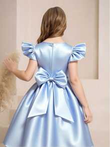 少女缎面婚纱，蕾丝拼接盖袖设计，搭配可爱蝴蝶结后背，儿童生日派对婚礼花童礼服，梦幻公主装 - 藍色 - 查看 2