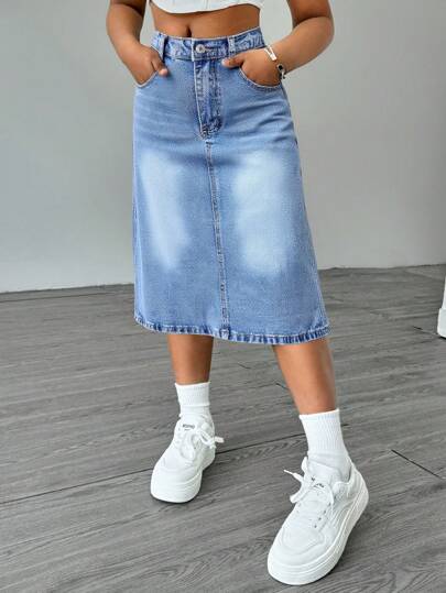 Sparklyn Tween Girls Casual All-Match Minimalist Washed Light Blue Denim Mini Skirt, School Style
