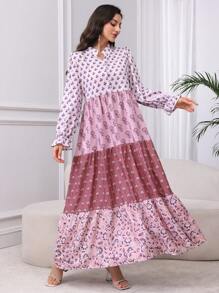 Al Najma Vestido con cuello de pie y mangas abullonadas con estampado - Multicolor - Ver 3