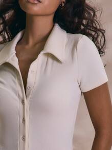 MUSERA 透视针织修身短袖翻领连体裤，春夏度假休闲优雅可爱休闲，适合春夏海滩、音乐会、机场等场合，返校季、复活节等节日穿着。 - 米色 - 查看 4