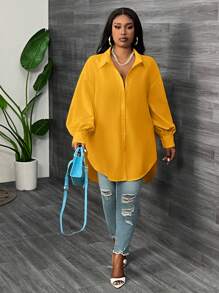 SHEIN CURVE+ Blusa de manga farol talla grande, primavera playa para mujer, vacaciones en la playa, esenciales de playa, graduación, fiesta de té - Amarillo - Ver 3
