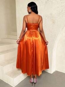 BamGleam Women Elegant Solid Color Waist-Cinched Slip Dress - Burnt Orange - View 2