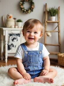 Baby Boys 2pcs Set: Simple White Short Sleeve Top + Cute Blue Denim Overall Jumpsuit. Loose, Minimalist Design With Large Pocket Front, Soft & Comfortable Casual Style Suitable For Spring/Summer Outings, Vacation, Daily Wear - Multicolor - View 1