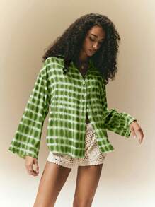 Poéselle Women's Tie-Dye Drop Shoulder Long Sleeve Single Button Casual Shirt - Green - View 7