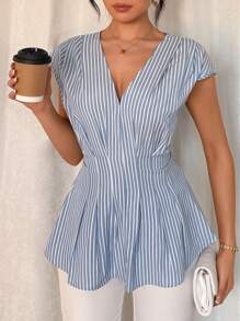 SHEIN Unity Women's Striped Pleated Hem V-Neck Casual Elegant Fashion Blouse - Blue - View 6