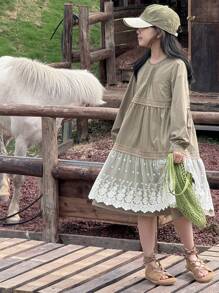 DAZY Mid-Length A-Line Princess Lace Patchwork Solid Color Crew Neck Long Sleeve Tween Girl Dress - Army Green - View 7