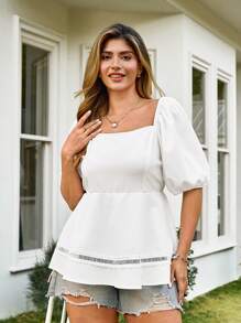 KURAYIA Plus Size Women Lace Patchwork Lantern Sleeve Blouse