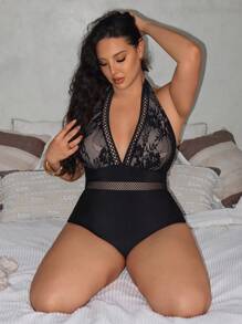 Swim Lushoire Costume da bagno intero taglie forti, in tinta unita con contrasto in pizzo traforato, stile minimalista, adatto per uso quotidiano, vacanze al mare, estate per le donne