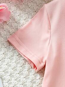 2pcs/Set Baby Girl Minimalist Style Short Sleeve Collared Top With Rose Color Pants Home Outfit Set - Dusty Pink - View 7