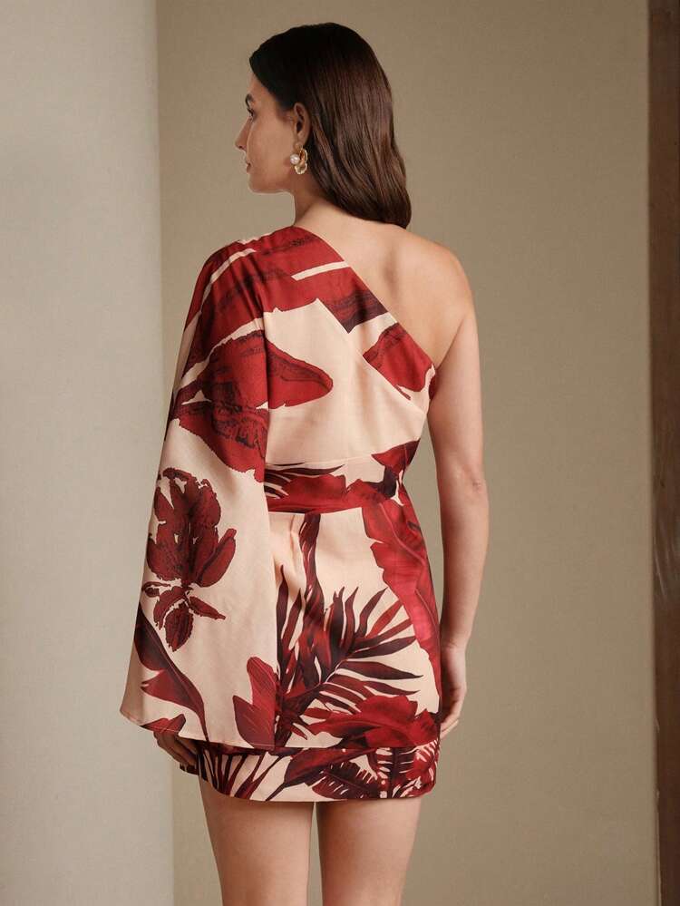 Summer, Beach, Festival, Holiday, Sexy Outfits For Woman Ladies' Woven Spring And Summer Positioning Printed Coconut Tree One Shoulder Red Printed Mini Dress