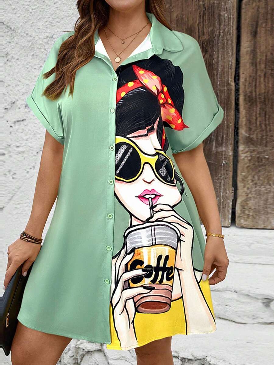SHEIN LUNE Plus Size Women's Portrait Print Yellow Button Front Shirt Dress - Mint Green - View 1