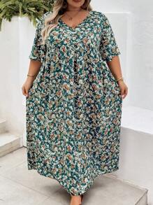 SHEIN CURVE+ 大码女式度假碎花 V 领短袖休闲太阳裙，曲线加大，波西米亚风度假海滩装，女士/沙滩裙/海滩度假装/海滩必备品/毕业/茶会礼服