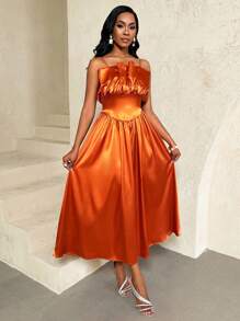 BamGleam Women Elegant Solid Color Waist-Cinched Slip Dress - Burnt Orange - View 5