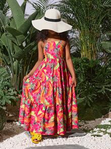 SLAYR Tween Girl Tropical Floral Green Leaf Beach Vacation Patchwork Sleeveless Backless Bow Maxi Dress Mommy And Me Matching Outfits - Hot Pink - View 3