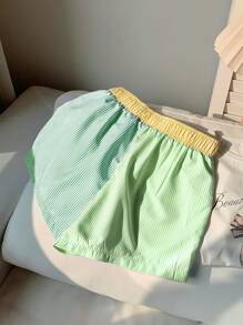 Comfortcana Striped Print Letter Patched Detail Shorts - Green - View 2
