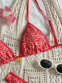 SHEIN Swim Bộ 2 món/Bộ đồ bơi nữ vải họa tiết hoa bãi biển mùa hè hoa vàng và quần bikini dây mảnh xẻ cao, đồ tắm, trang phục đi nghỉ - Đỏ - Xem 5