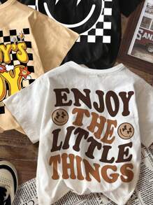 年轻男孩休闲简约字母印花圆领短袖T恤，适合夏季