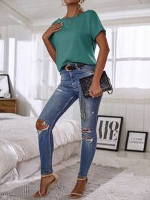 EMERY ROSE Women's Solid Color Asymmetric Neck Casual Short Sleeve T-Shirt - Cadet Blue - View 3