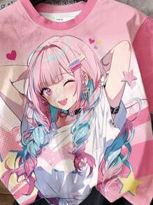 SHEIN 2 件套可爱卡通女孩印花短袖上衣和短裤套装，适合少女的休闲夏季服装 - 彩色 - 查看 3