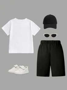 SHEIN 2pcs/Set Young Boy Casual Minimalist Pattern Fitted Casual Pants + T-Shirt Set, Suitable For Summer Summer Holiday