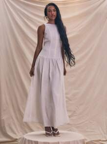 MUSERA Sleeveless Linen Look Button Up Drop Waist Maxi Dress Summer Holiday Sundress