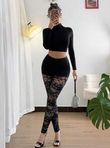 Calvaya Nuevos leggings de mujer de diseño moderno de 2 en 1 con parches de encaje