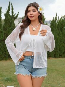 SHEIN LUNE Plus Size Women Open Front Tie-Up Loose Knit Cardigan With Hollow Design - White - View 3