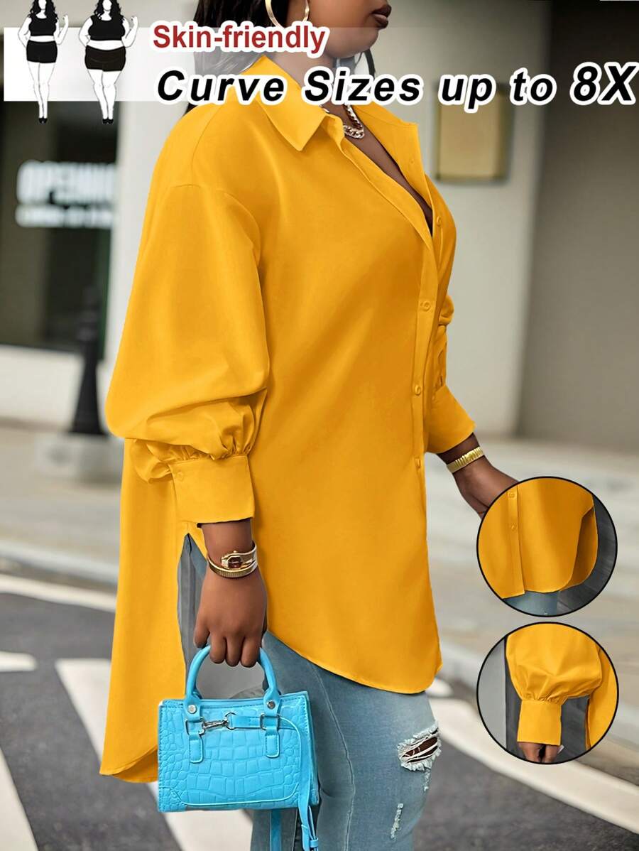 SHEIN CURVE+ Blusa de manga farol talla grande, primavera playa para mujer, vacaciones en la playa, esenciales de playa, graduación, fiesta de té - Amarillo - Ver 1