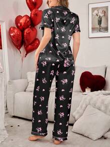 蝴蝶结和樱桃印花翻领纽扣仿丝女士睡衣套装蝴蝶结 - 黑色 - 查看 2