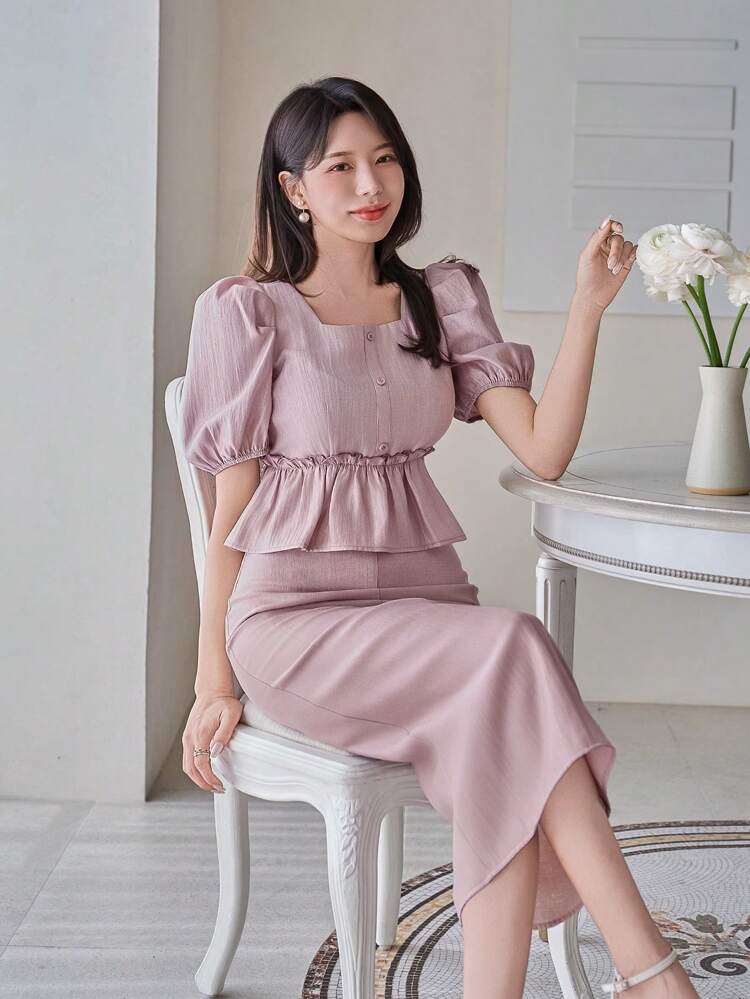 Women's Solid Color Square Collar Puff Sleeve Blouse And A-Line Skirt 2 Pieces Set,Ruffle